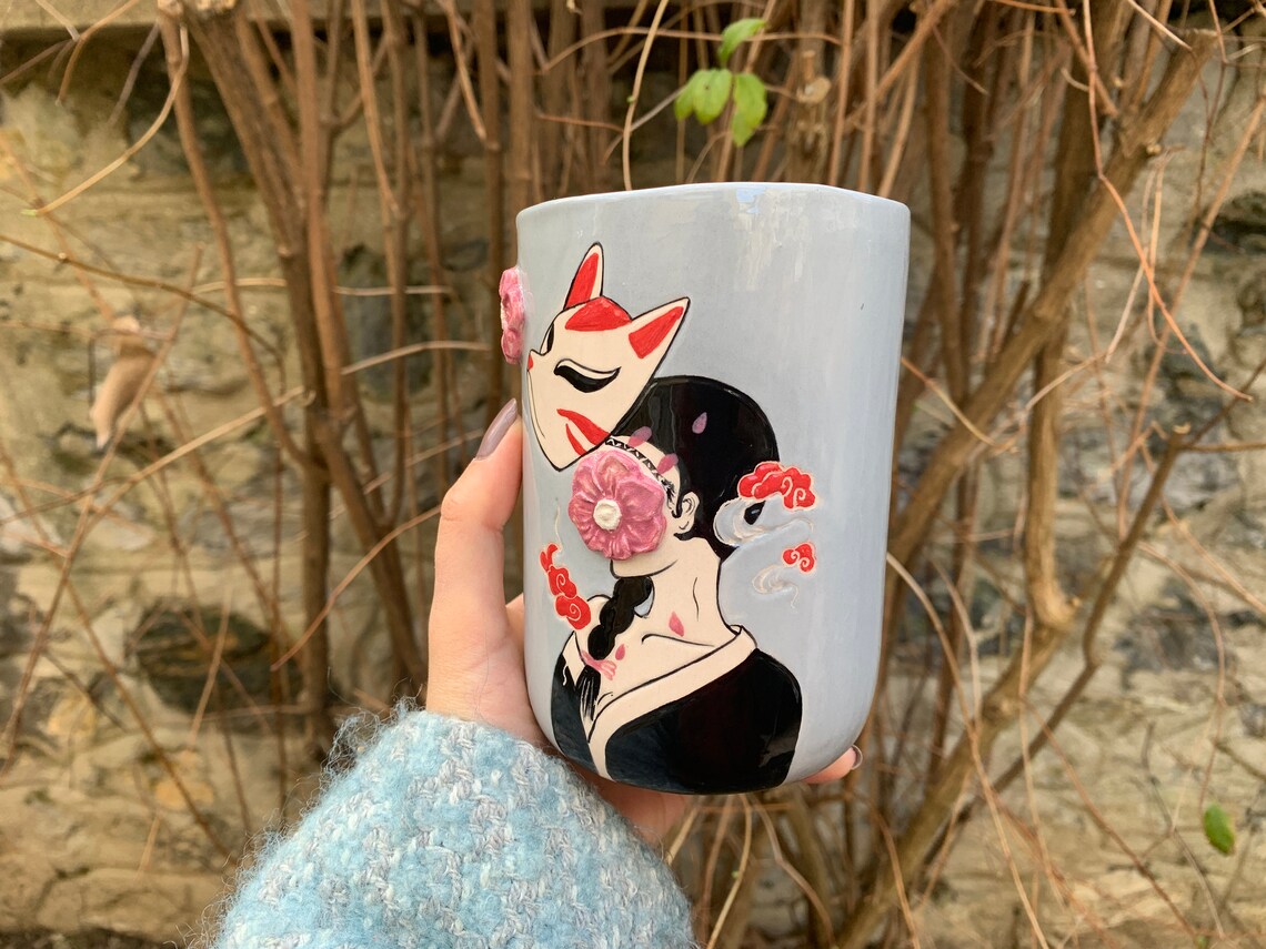 Kitsune Mug Kitsune Mask Coffee Cup Japanese Girl and Fox Etsy