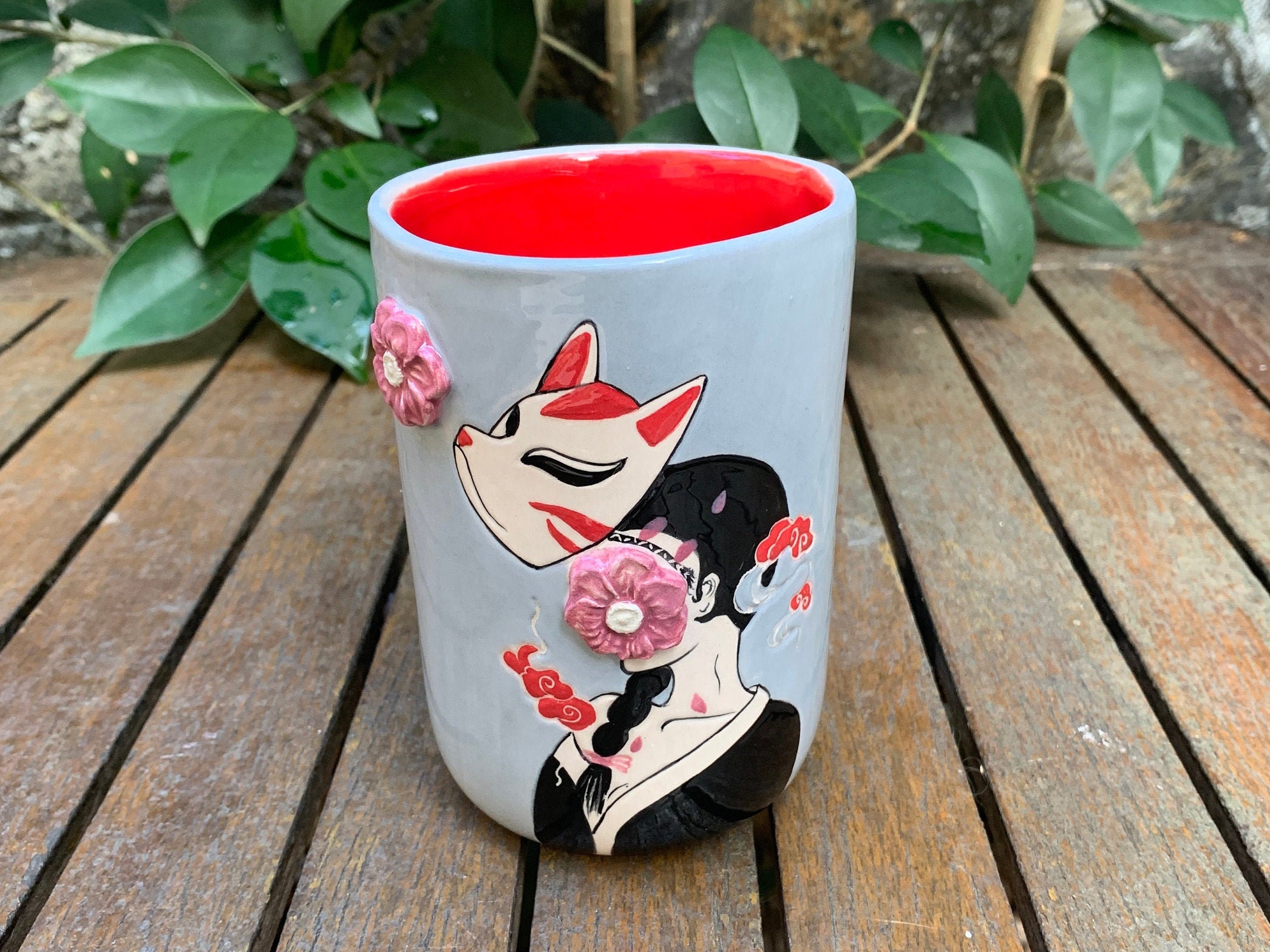 Kitsune Mug Kitsune Mask Coffee Cup Japanese Girl and Fox Etsy