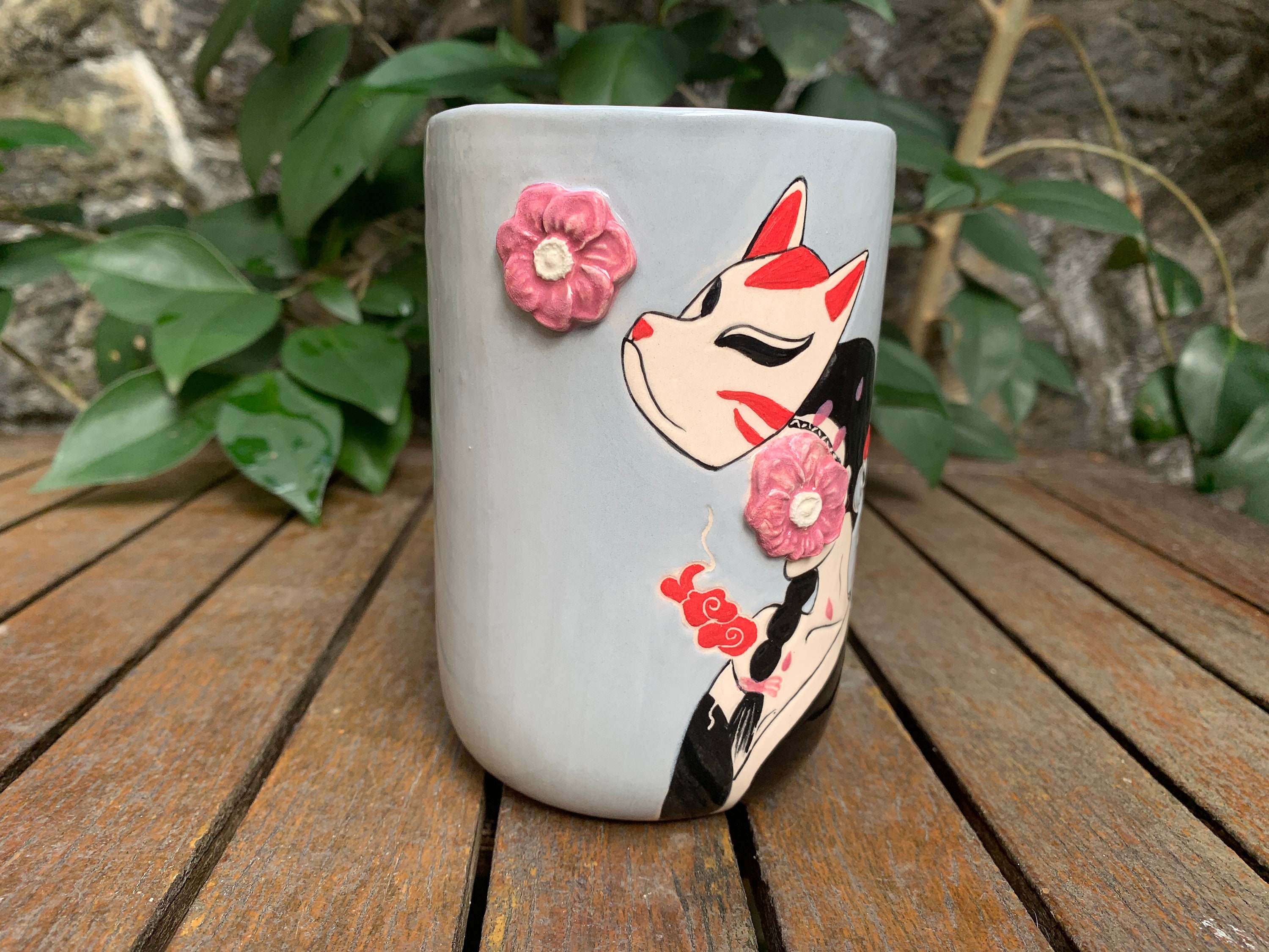 Kitsune Mug Kitsune Mask Coffee Cup Japanese Girl and Fox Etsy