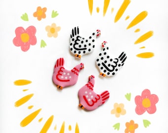 chicken earrings, polymer clay earrings, hand painted earrings, chicken jewelry, funky earrings, fun earrings, statement earrings