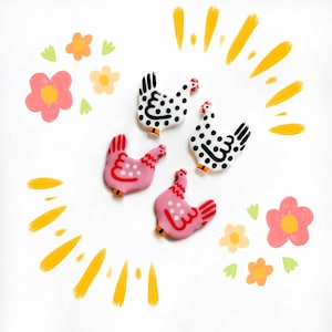 chicken earrings, polymer clay earrings, hand painted earrings, chicken jewelry, funky earrings, fun earrings, statement earrings