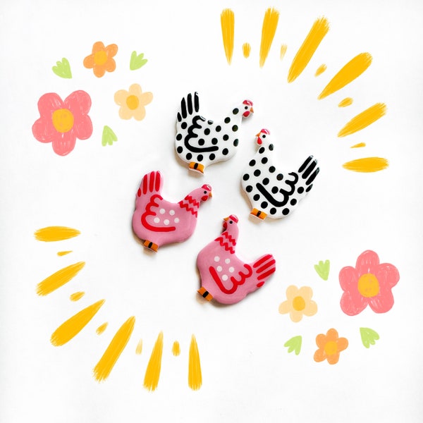 chicken earrings, polymer clay earrings, hand painted earrings, chicken jewelry, funky earrings, fun earrings, statement earrings