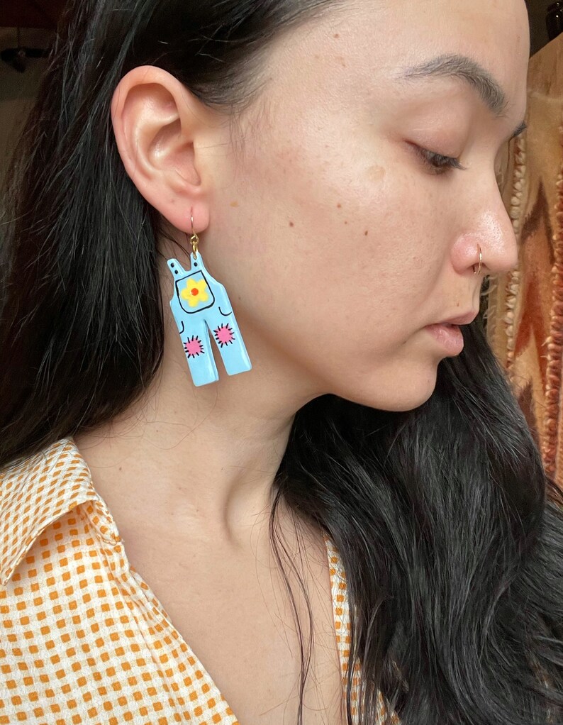 overall earrings, y2k earrings, cute polymer clay earrings, hand painted earrings, handmade earrings, funky earrings image 3