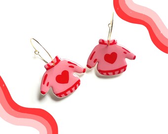 heart sweater earrings, valentine's day earrings, holiday earrings