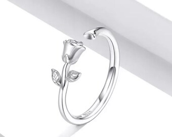 Women’s 925 Sterling Silver 3D Thorns and Rose Adjustable Finger Rings  Flower Ring 2022 collection