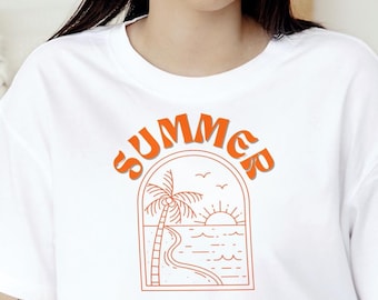 Retro zomer-T-shirt: minimalistisch T-shirt met palmboomkust