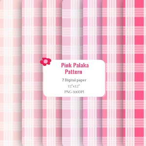 May include: A collection of seven digital paper sheets featuring a pink plaid pattern with varying shades of pink and white. A white rectangular label displays the text Pink Palaka Pattern, 7 Digital paper, 12"x12", and PNG-300DPI.