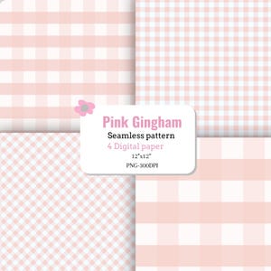 Può includere: Una collezione di quattro carte digitali con motivi a quadretti vichy rosa e bianchi in varie scale e orientamenti. Un'etichetta bianca mostra il testo: Pink Gingham, Seamless pattern, 4 Digital paper, 12"x12", PNG-300DPI.