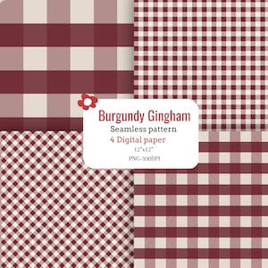May include: A collection of four digital paper designs featuring burgundy and cream gingham patterns in various scales and orientations. The text reads Burgundy Gingham, Seamless pattern, 4 Digital paper, 12"x12", PNG-300DPI.