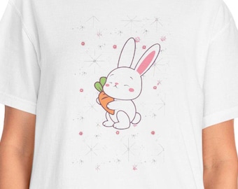 Cute Bunny with Carrot - Easter Bunny T-Shirt Design - Bunny and Flower Artwork for Spring Apparel - Adorable Bunny Shirt - Easter Outfit