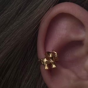 Könnte beinhalten: Ein goldfarbener Ohrklemmen-Schmuck in Form eines kleinen Tieres, möglicherweise ein Bär oder ein Hund, wird am Ohr getragen. Der Schmuck ist detailliert und scheint aus Metall zu sein. Der dunkle Hintergrund hebt den Ohrschmuck hervor.