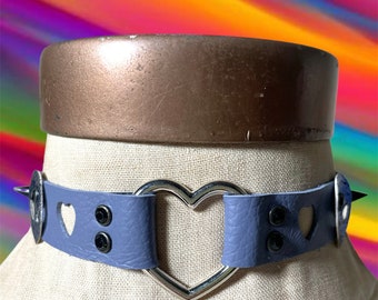 Blue Gray Leather Alien Heart Choker