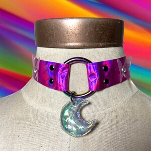 Pink Holographic Butterfly Choker with Aura Quartz Moon Pendant