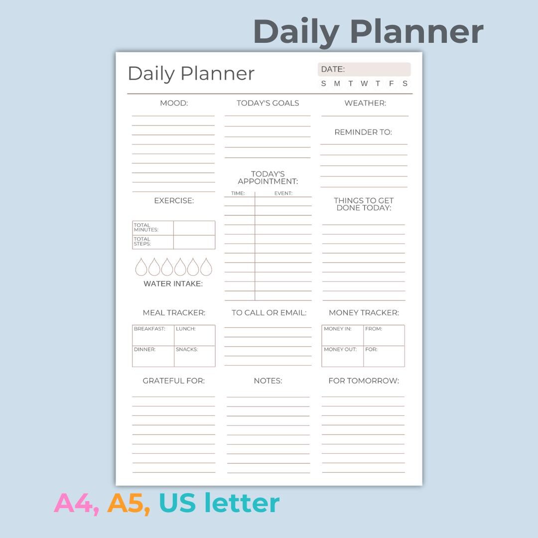 Minimalist Daily Planner Printable, to Do List (A4, A5, US Letter PDF ...