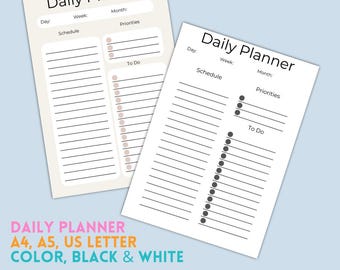 Minimalist Daily Planner Printable, To Do List, Schedule (A4, A5, US Letter PDF)