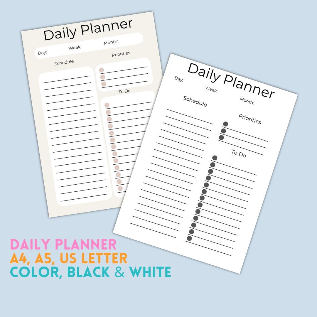 Minimalist Daily Planner Printable, to Do List, Schedule (A4, A5, US ...