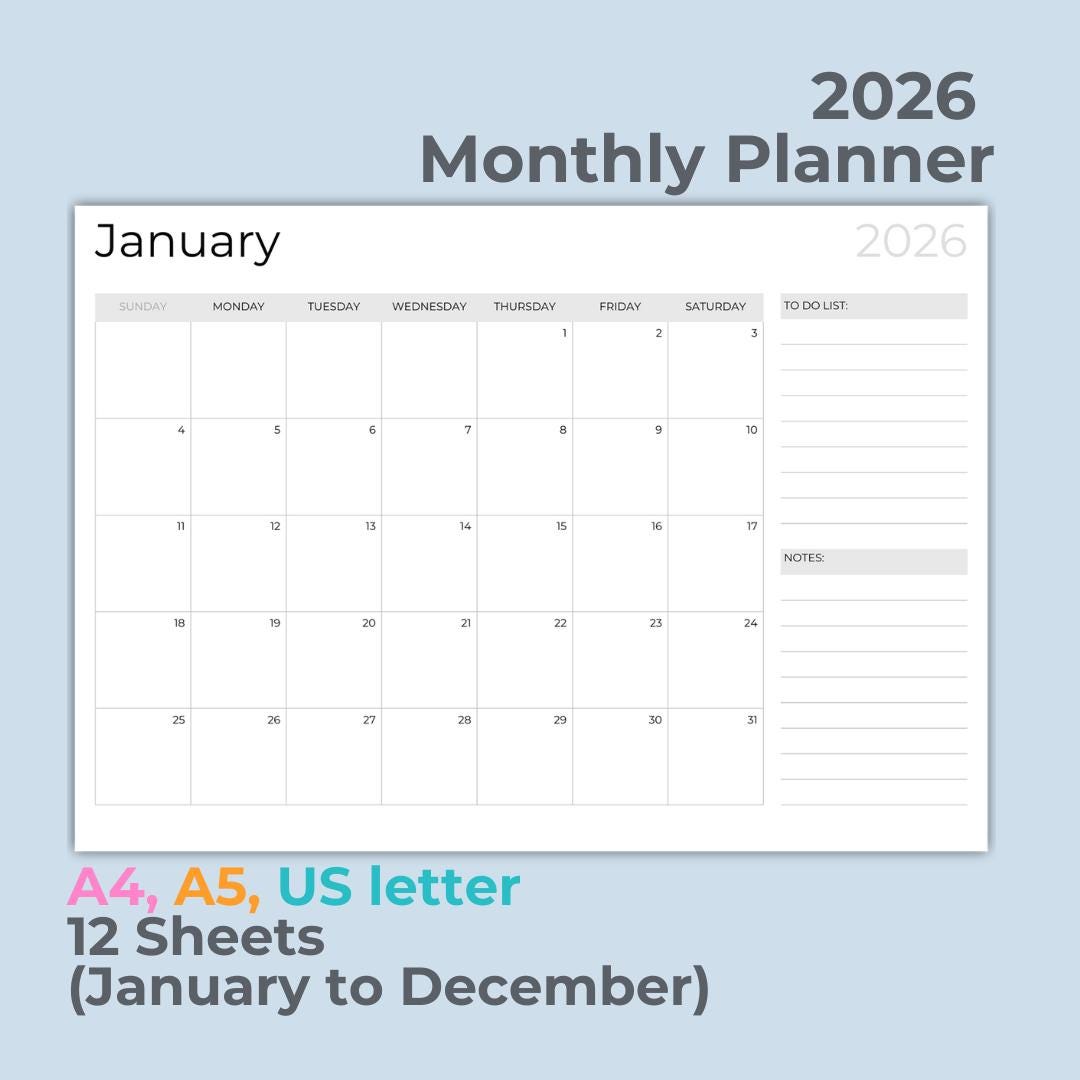 2026 Monthly Planner Printable | Minimalist Calendar (A4, A5, US Letter ...
