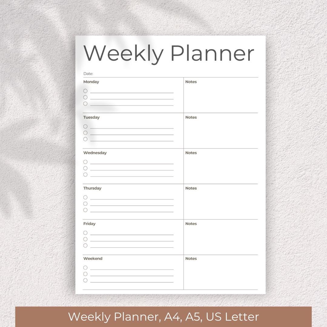 Minimal Weekly Planner Printable | PDF A4, A5, US Letter | Instant ...