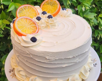 Pastel falso de naranja y arándanos, pastel falso de verano, decoración de primavera, decoración de cocina