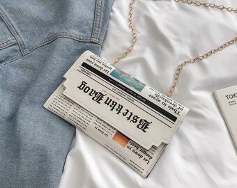 Newspaper print shoulder novelty sling bag, quirky design, cute everyday purse