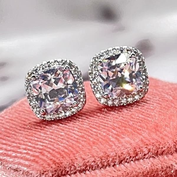 2 Ctw Diamond CZ Cushion Cut Halo Stud Earrings, Wedding Bridal Earrings, Bridesmaid Gift, CZ Halo Earrings, Bridesmaid Earrings 172