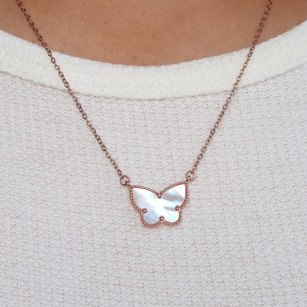 Butterfly Necklace, Mother of Pearl Butterfly Necklace, Dainty Necklace, Pearl Necklace, Shell Necklace, Gift for Her, Gold Plated 273