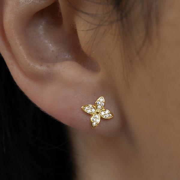 Diamond CZ Earrings, Clover Flower Cluster Stud, CZ Clover Earrings, 14k Yellow Gold Sterling Silver, Gift for Her 000