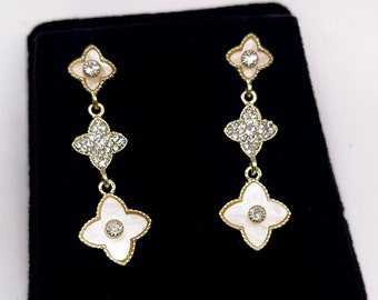 Diamond CZ Mother of Pearl Clover Drop Earrings, Gold & Silver Earrings, 3 Clover Earrings, Bridal Jewelry, Gift for Her, Dainty Jewelry 222