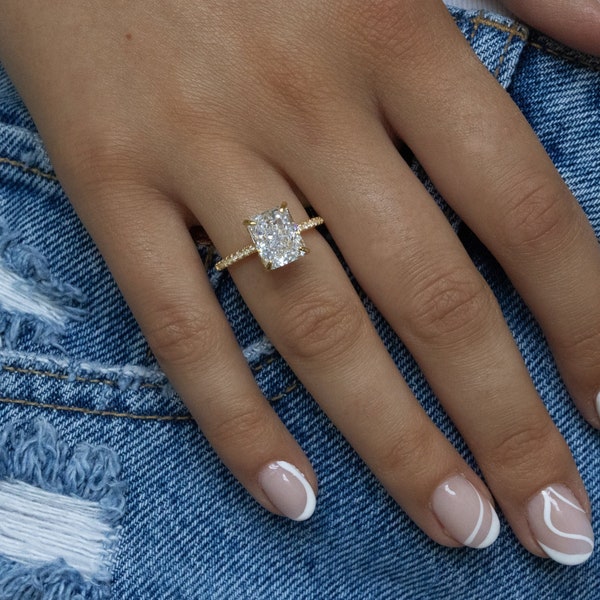 Anillo de compromiso de corte radiante, anillo de boda de corte radiante de 3 CT, anillo radiante de halo oculto, anillo de promesa de plata de ley, anillo de aniversario