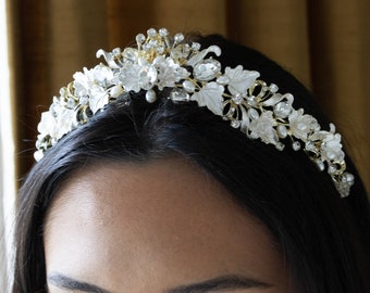 Bridal Headband Crystal, Wedding Headband, Wedding Tiara, Wedding Headpiece, Bridal Hair Accessories, Floral Tiara, Leaf Tiara, Pearl, 459