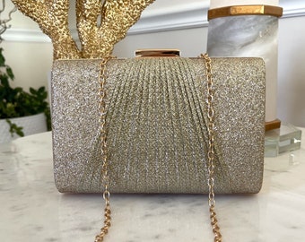 Gold Shimmer Pleated Front Clutch, Champagne Clutch Bag, Fancy Evening Bag, Bridal Bag, Gold Crossbody Bag, Shimmer Crossbody Bag 446