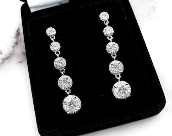 Diamond Drop Earrings, Cubic Zirconia Multi Diamond Earrings, Bridal Jewelry, Wedding, Prom, Party, Dainty Clear White Round CZ Earrings 170