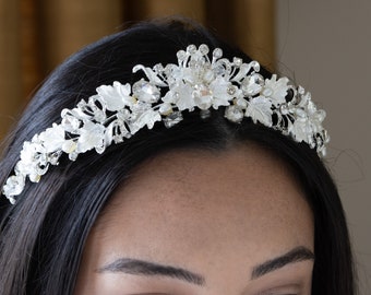 Bridal Headband Crystal, Wedding Headband, Wedding Tiara, Wedding Headpiece, Bridal Hair Accessories, Floral Tiara, Leaf Tiara, Pearl, 459