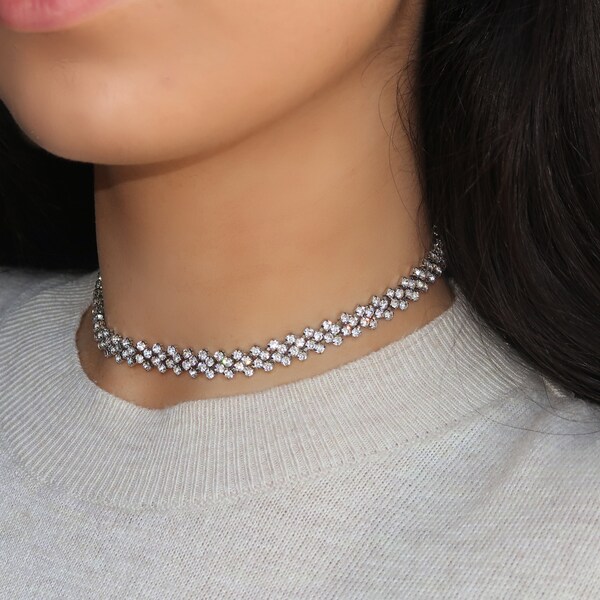 Rhinestone Choker Necklace, Silver Crystal Choker, Dainty Choker, Kylie Choker, Diamond Choker, Fashion Choker, Adjustable Necklace 130