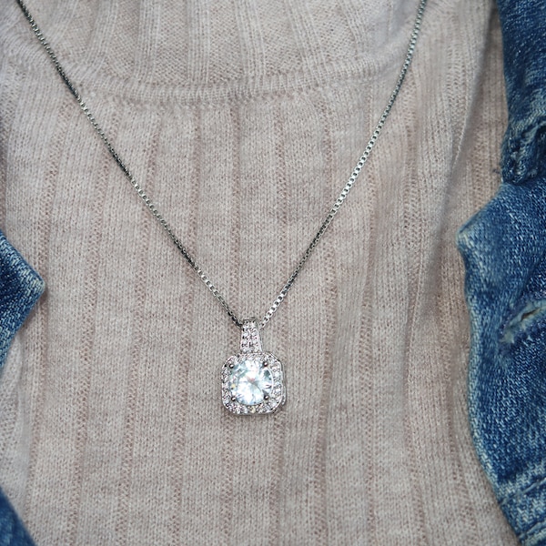 7mm Cushion Cut Diamond Necklace, Cubic Zirconia Pendant Wedding Necklace, Bridesmaid Gift, Gift for Her, Dainty Jewelry, Square Cut 109