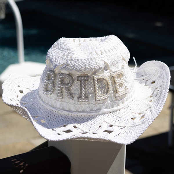 Bride Cowgirl Hat, Bridal Shower Gift, Bride to Be Gift, Winter Bachelorette Bridal Gift, Cowboy, Wedding Gift, Pearl Patch Letters Hat 000