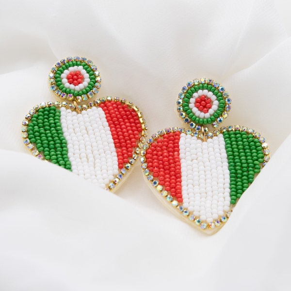 Beaded Italian Flag Earrings, Travel Earrings, Italy Earrings, Beaded Country Earrings, Chunky Big Statement Earrings, Heart Beaded Earrings