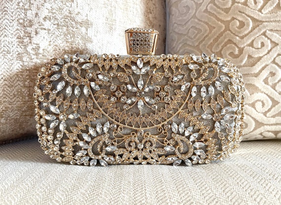 Gold Clutch Purses for Women Evening, Diamond Wedding Clutch Crossbody Shoulder Bag with Crystal, Sequin Formal Flower Rhinestone Handbag for Party