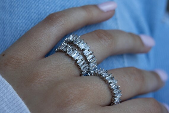 Diamond CZ Cluster Jagged Cut Baguette Ring Rectangle Diamond