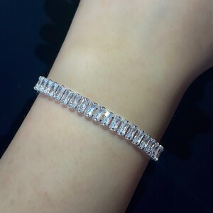 CZ Tennis Bracelet, Rectangular Diamond CZ Bracelet, Baguette Bracelet, Silver Plated Bracelet, White Baguette Zirconia Bracelet 110