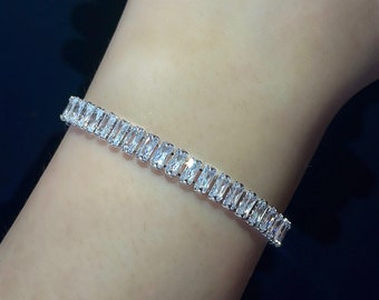 CZ Tennis Bracelet, Rectangular Diamond CZ Bracelet, Baguette Bracelet, Silver Plated Bracelet, White Baguette Zirconia Bracelet 110