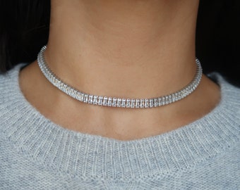 Diamond CZ Tennis Necklace, CZ Rectangle Tennis Necklace Choker, Baguette Tennis Necklace, Cubic Zirconia Necklace, Prom Jewelry, Dainty 113