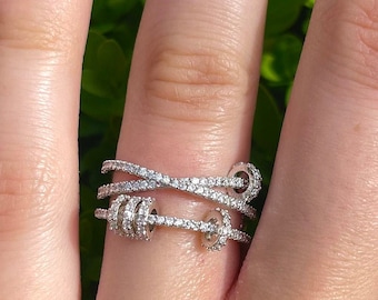 Silver Diamond CZ Criss Cross Ring with Circle Charms, Unique Design Ring, Statement Ring, Minimalist Ring, Pave Diamond Ring, X Ring 290