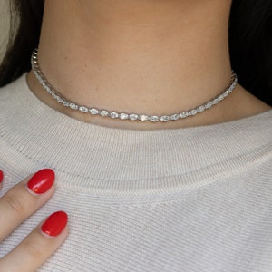 6mm Wide Gold Tennis Oval Necklace, Square Cubic CZ Zircon Choker Necklace, Diamond Oval Tennis Necklace, Diamond CZ Choker, Gift for Her