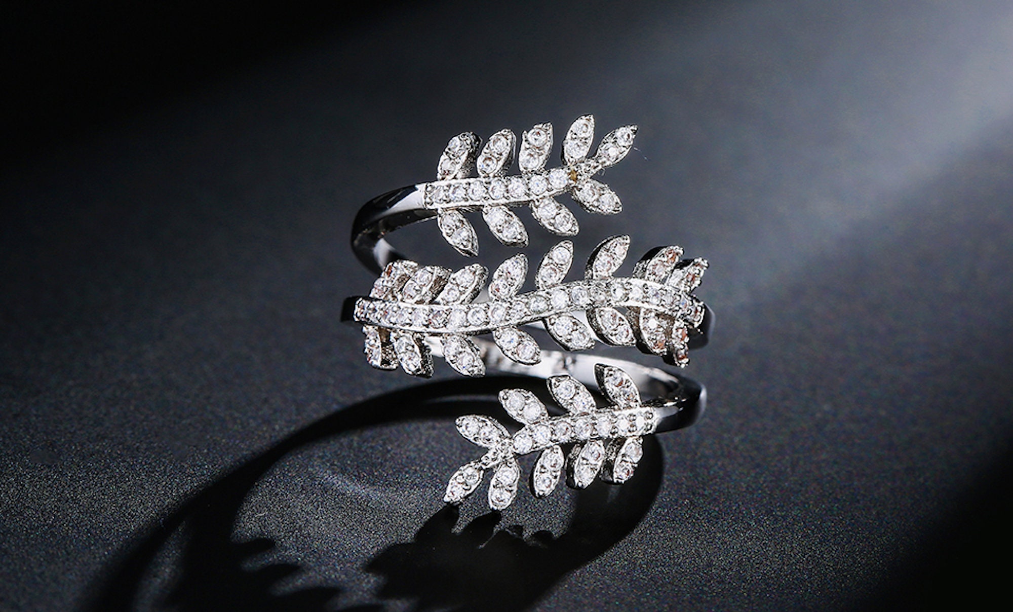 Diamond Open Leaf Ring Triple Wrap Ring Twigs Crystal Ring Etsy