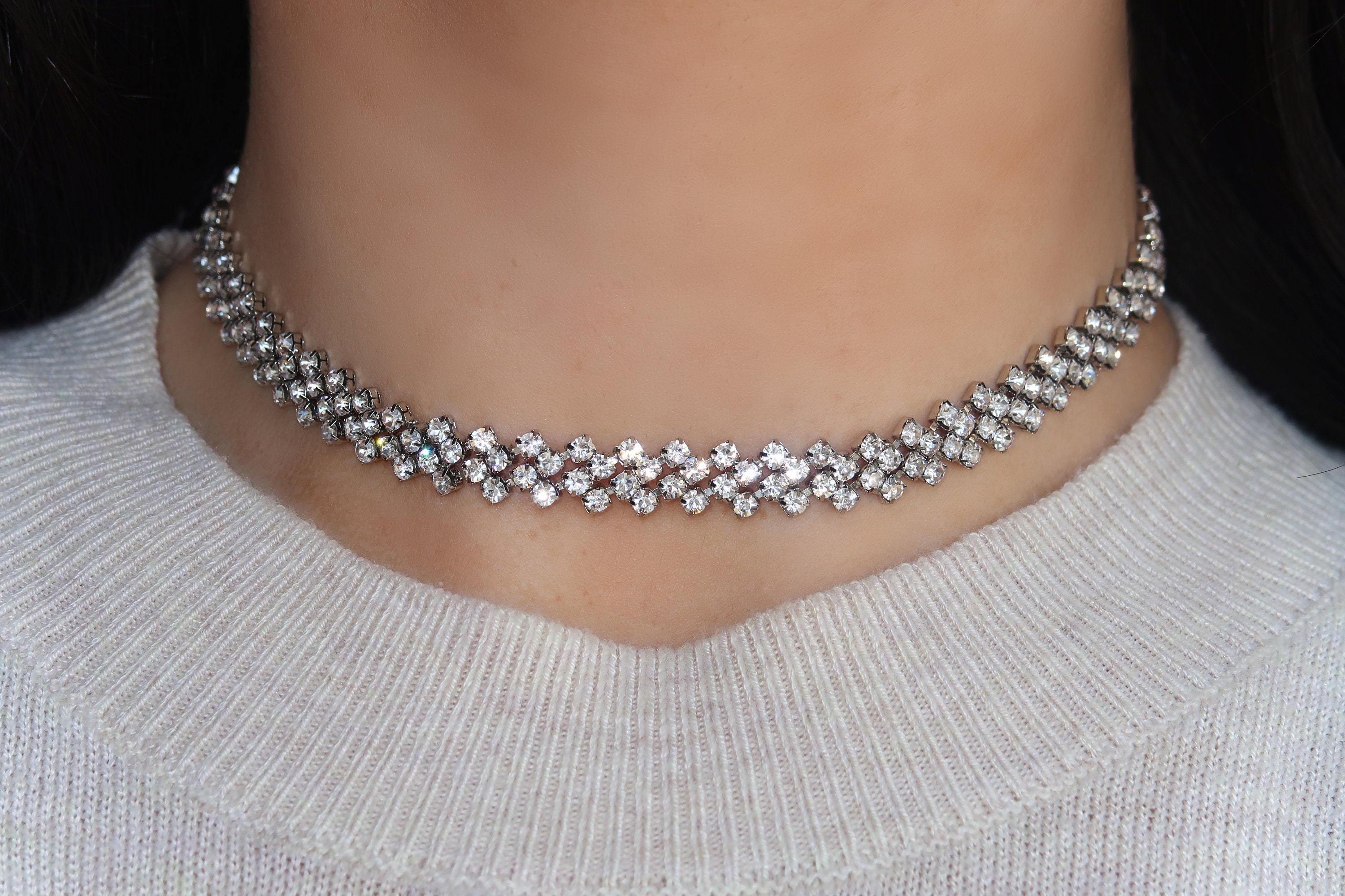 Rhinestone Choker Necklaces Silver Crystal Cz Necklaces Sparkling Diamond Choker  Necklaces Thin Crystal Collar Necklaces Jewelry For Women And Girls(f