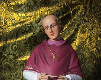 Saint Charles Borromeo, Saint 46 cm, Saint Sculpture Olot, Plaster Statue Catalonia, Saint Statue, Wooden Base, Crystal Eyes Sculpture