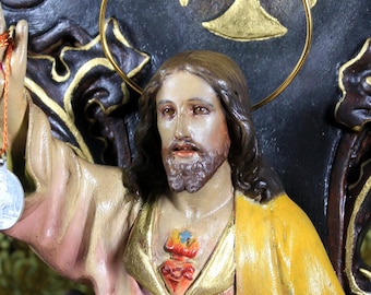 Great Jesus on Throne, Enthroned Jesus Christ Sculpture, Religious Figure, Sacred Heart Jesus, Glass Eyes, Polychrome Sculpture, OLOT