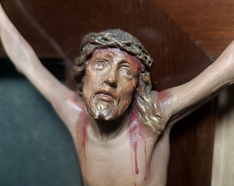 Plaster Crucifix 50 cm, Old Wooden Cross, Wall Crucifix, Wall Crucifix, 1950s Crucifix, Polychrome Christ,