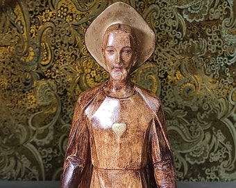 Heilig Hart van Jezus, 34 cm, beeld van gips met houtnerfstructuur, Christusbeeld, monochroom figuur, antieke sculptuur van Jezus Christus, gipsen Christus